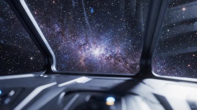 Futuristic spaceship cockpit with advanced control panels and starry galaxy view. Sci-fi spacecraft interior featuring high-tech navigation systems...