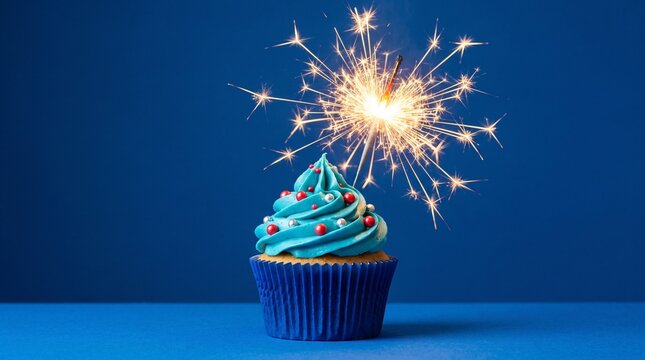 Blue cupcake topped with glowing sparkler against solid vibrant background for festive celebration joyful occasion with frosting metallic sprinkles