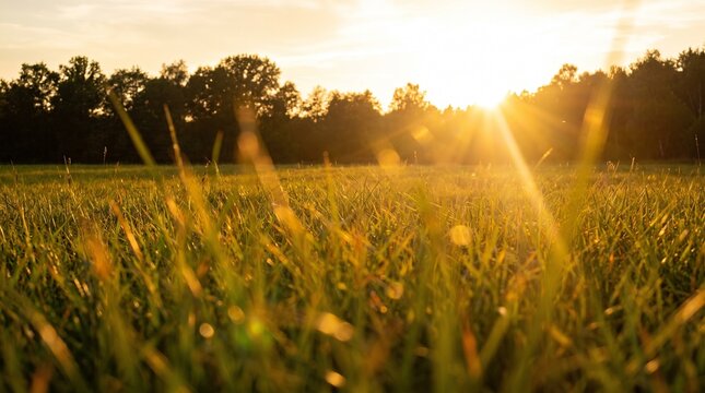 Vibrant green meadow grass illuminated by warm golden hour sunlight during peaceful summer evening sunset with glowing light setting sun captures close perspective