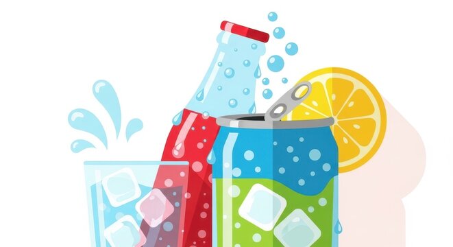 Refreshing soda drinks with ice and lemon slices