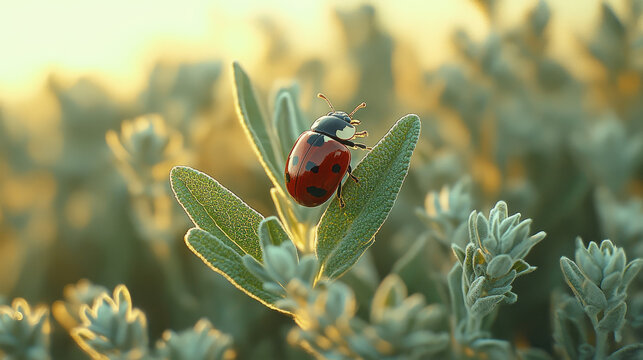 Close-up Macro Shot of a Ladybug on a Dewy Green Leaf at Sunrise, Golden Hour Light, Soft Focus Background