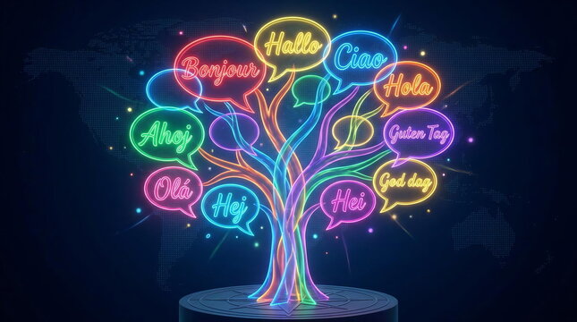 Multilingual neon hello speech bubble tree illustration.