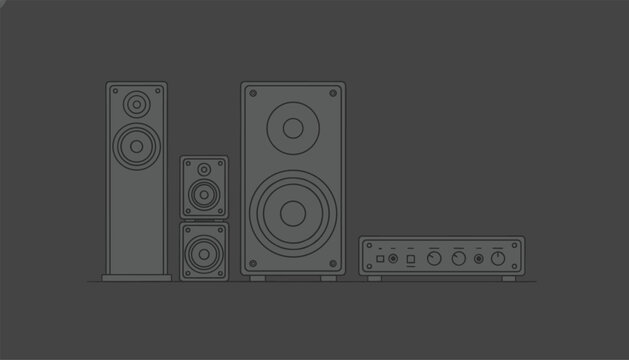 Minimalist line art illustration of a home theater sound system including tower speakers and an audio amplifier on a dark grey background.
