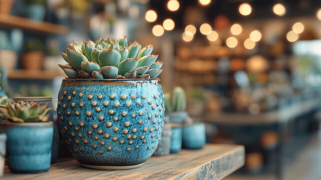 Close-up of a vibrant succulent plant in a decorative blue pot with golden studs, set against a blurred background of a cozy cafe or shop interior.