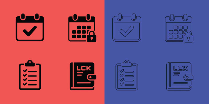 Calendar and checklist set featuring locked dates and notebooks in solid black and outline styles on split background