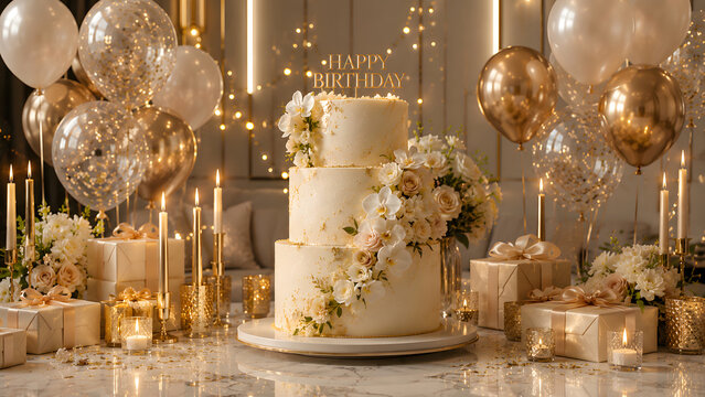 Elegant wedding cake with gold balloons and candles. Luxury celebration dessert table setup for bridal reception.