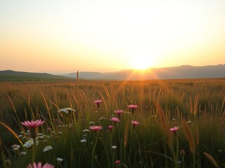 Naklejka premium Sunset over wildflower field
