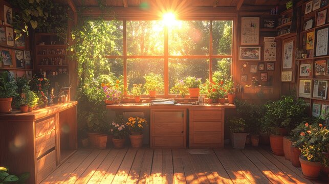 Sunlit Greenhouse Interior with Abundant Potted Plants and Wooden Decor, Warm Golden Hour Light