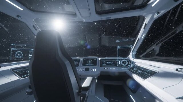 Futuristic spaceship cockpit with advanced control panels and starry view. Sci-fi spacecraft interior featuring high-tech dashboard and pilot seat...