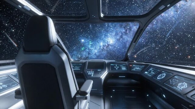 Futuristic spaceship cockpit with advanced control panels and starry galaxy view. Sci-fi spacecraft interior featuring high-tech dashboard and digi...