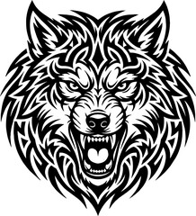 Fototapeta premium Aggressive howling wolf head portrait black and white line art