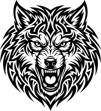 Aggressive howling wolf head portrait black and white line art