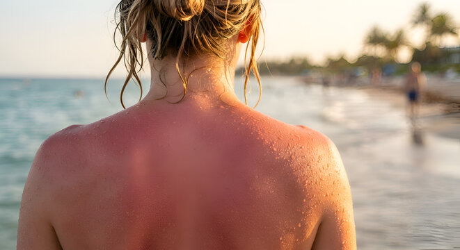 person's upper back and shoulders showing mild sunburn after prolonged sun exposure