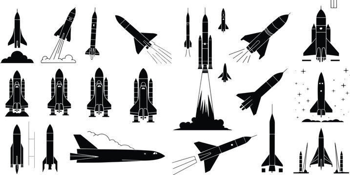 Black rocket and space shuttle silhouette icons in various launch and flight stages for aerospace, educational, and design illustration