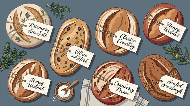 Assortment of Artisanal Breads with Flavor Labels, Freshly Baked, Rustic Bakery Display, Food Photography Style