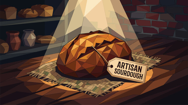 Close-up of Rustic Artisan Sourdough Bread on Wooden Table in Bakery with Spotlight and Tag, Food Photography Concept