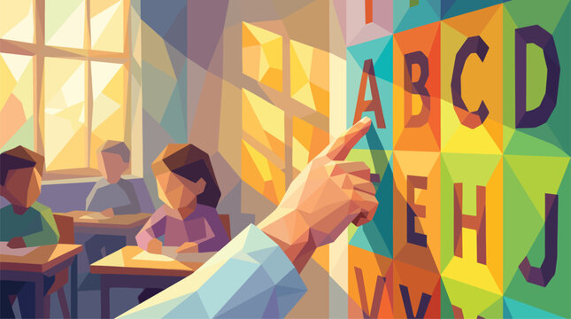 Children Learning Alphabet in Bright Classroom with Teacher Pointing at Letters, Educational Concept Art