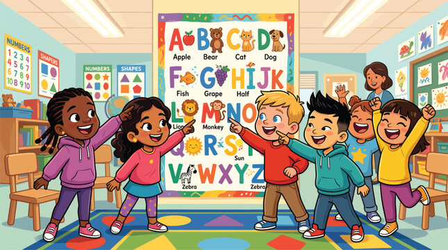 Diverse Elementary School Children Enthusiastically Learning Alphabet and Shapes in Bright Classroom Setting for Educational Content