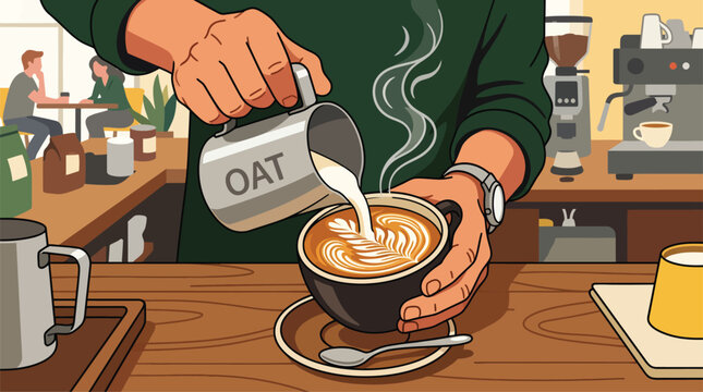Barista Pouring Oat Milk Latte Art in Cozy Cafe with Customers Enjoying Coffee Break, Modern Coffeehouse Ambiance