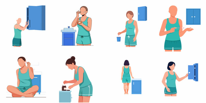 Woman Daily Hygiene and Skincare Routine Illustration Set for Personal Care and Wellness