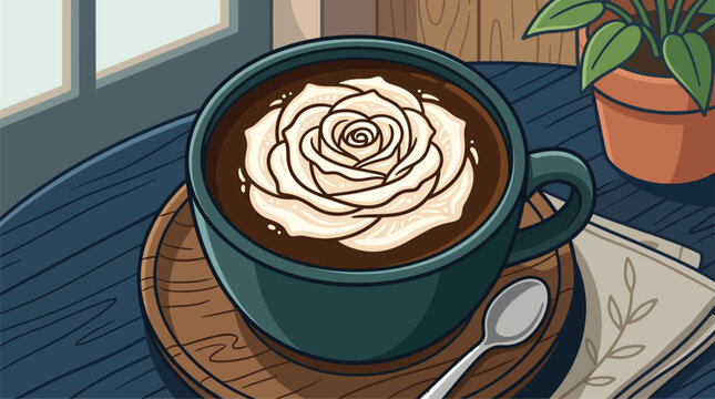 Cozy Hot Chocolate with Cream Rose Art on Wooden Table, Relaxing Cafe Ambiance, Perfect for Winter Warmth and Beverage Concepts