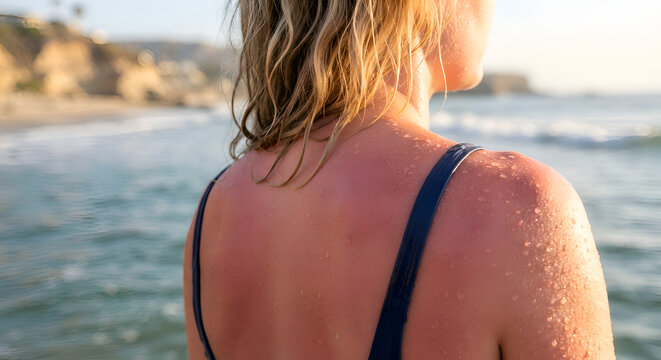 person's upper back and shoulders showing mild sunburn after prolonged sun exposure