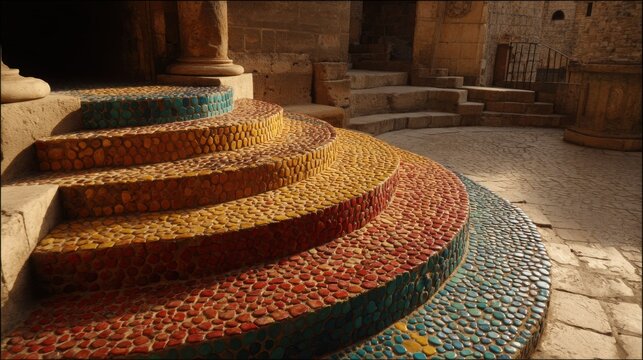 Intricate mosaic tile steps with vibrant tesserae in an ancient architectural setting