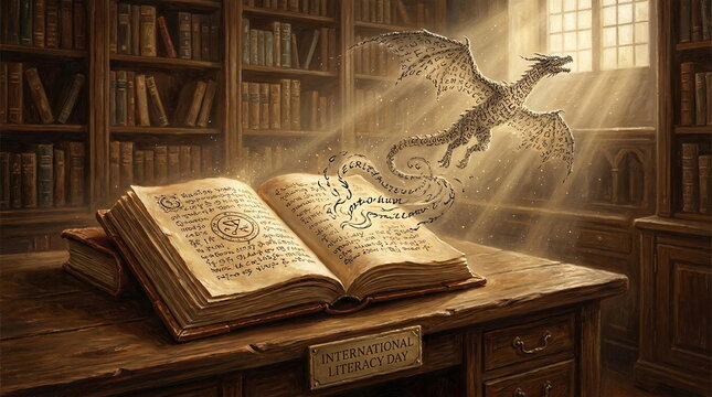 Open book on desk with smoky dragon emerging fantasy.