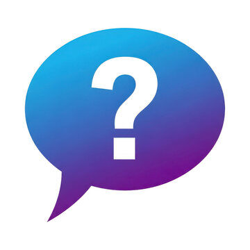 Blue and purple speech bubble icon with a white question mark isolated on transparent background