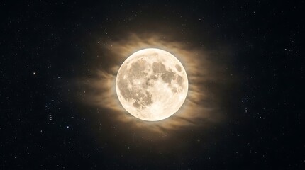 Fototapeta premium Full moon in the night sky. Glowing lunar surface with stars and wispy clouds.