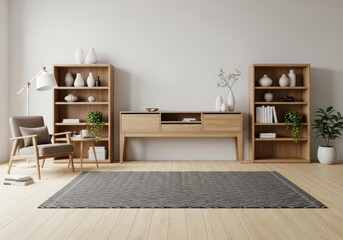 Fototapeta premium Modern living room furniture set with shelves, sideboard, and rug