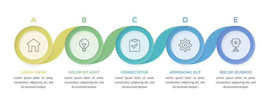 Infographics template with five circular steps connected by a flowing wavy lines, ideal for presenting sequential business workflows or project stages