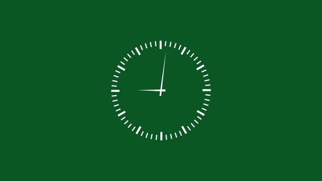 Minimalist white analog clock face animation moving rapidly on a solid dark green background, for time lapse, concept and efficient, deadline management visuals, in digital media projects