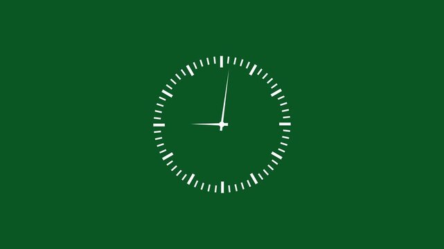 Minimalist white analog clock face animation isolated on a solid deep green background, featuring smooth rotating hands for time measurement, deadline tracking, and efficient scheduling visual
