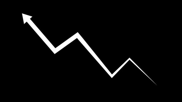 Dynamic white line graph arrow animation showing fluctuating market trends, financial growth, economic volatility, business performance analysis, and statistical data visualization on black background