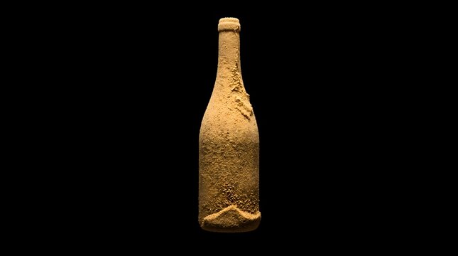 A glass bottle encased in golden sand against a dark abyss, symbolizing the passage of time, forgotten luxury, and the inevitable return of all creation back to dust.