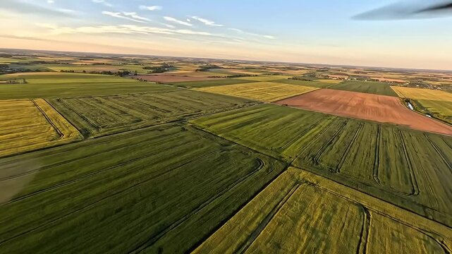 Aerial view of diverse farm fields at golden hour sunset