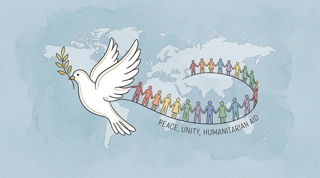 Peace dove and colorful human chain world map illustration.