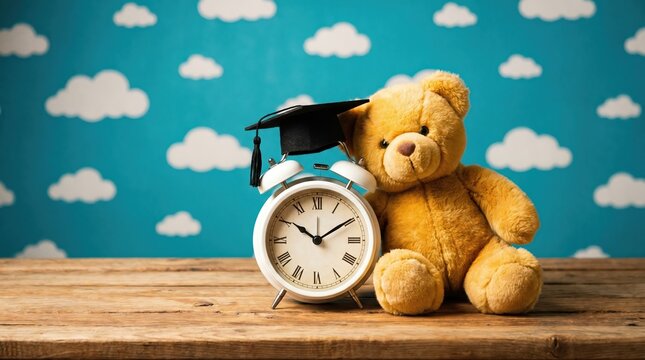 Soft brown teddy bear sitting next to a white alarm clock wearing a black graduation cap on a rustic wooden table against a blue background with white clouds