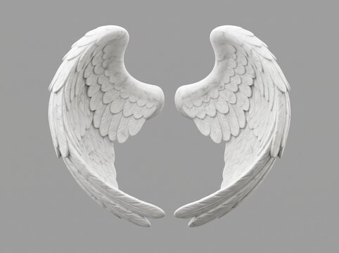 White Carved Marble Angel Wings With Detailed Feathers Isolated On Gray Background, Heavenly Symbolic Element For Religious Or Artistic Design Projects