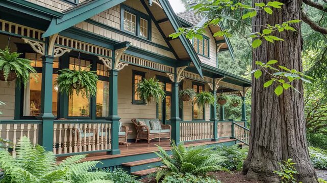 Craftsman house porch with hanging ferns surrounded by green forest foliage.