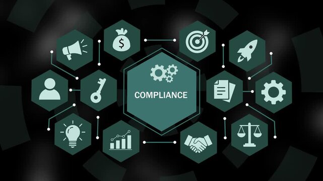 Corporate compliance business strategy infographic animation featuring hexagonal for legal standards, regulatory frameworks, risk management, and ethical governance in modern industry