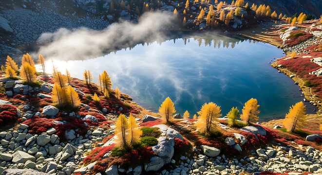 Stunning Alpine Lake in Autumn with Golden Larch Trees and Morning Fog