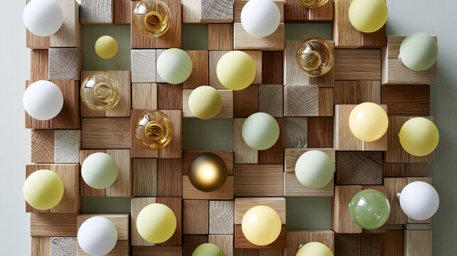 Detailed View of Abstract Arrangement of Wooden Cubes and Pastel Spheres Featuring Glass Orbs and Repeating Square Shapes in Balanced Rows
