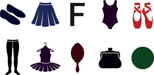 Ballet and Dance Apparel Silhouette Icon Set with Pointe Shoes, Tutu Skirt, Leotard, Leggings, Mirror, Purse, and Alphabet Letter Elements for Vector Graphics © Rtazmina
