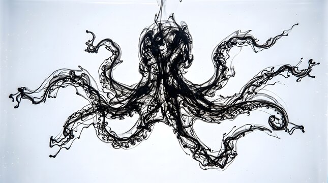 Black ink blooms in water to form an intricate octopus shape, serving as a powerful visual metaphor for fluid adaptability, mysterious transformation, and subconscious creativity.