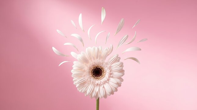 White gerbera daisy flower with floating petals radiating outwards against a solid soft pink background