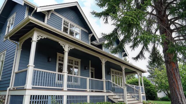 Low-angle view of a blue classic two-story craftsman house with a porch framed by tall pine trees.