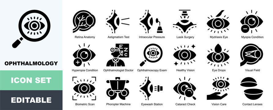 Eye Health And Ophthalmology Icon Pack Featuring Retina Anatomy, Astigmatism Test, Intraocular Pressure, Lasik Surgery, Mydriasis Eye, Myopia Condition, Hyperopia Condition, Ophthalmologist Doctor