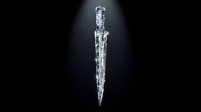 A sharp dagger crafted from crystal ice gleams beneath a single spotlight, symbolizing fragile power, cold deception, and fleeting lethality.